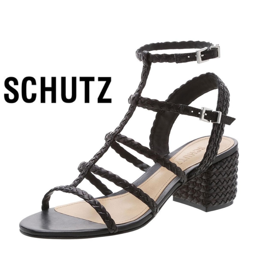 Schutz Heels Strappy Sandals Black Braided Leather